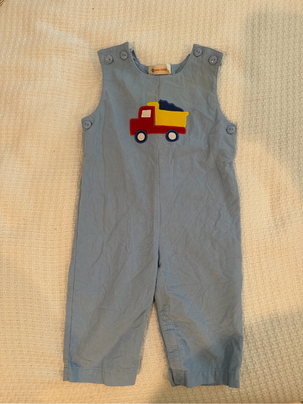 Light Blue Boys' Overalls with Truck Appliqué